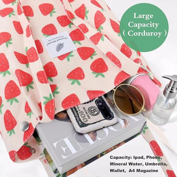 Women Strawberry Imported Corduroy Small Canvas Shoulder Handy Tote Bag - Picture 2 of 4